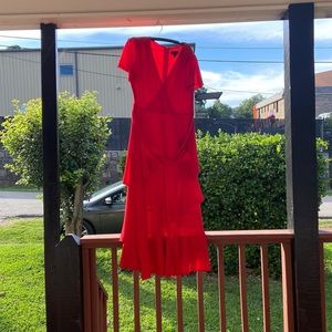 Beautiful ruffle bright red dress, size 12, brand name is “Tahari”